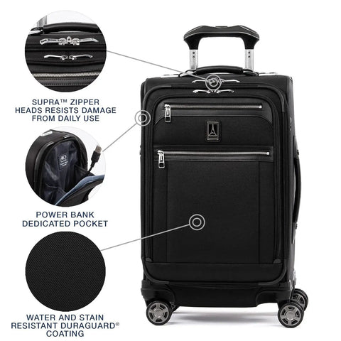 Front view of Platinum Elite Softside Expandable 21 Inch Carry On Luggage With USB Port, featuring details and 8 wheel spinner.