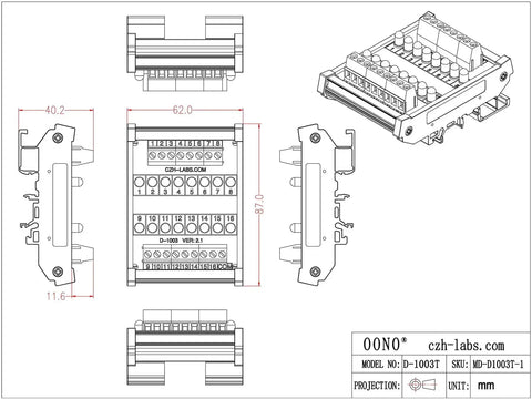Technical diagram of Sixteen Channel Green LED Indicator Light Module For DIN Rail Mount 5 To 50V DC Common Positive And Negative