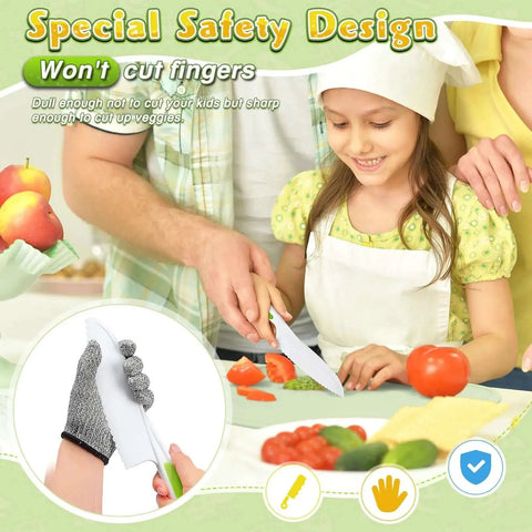 Child using Real Cooking Kids Knife Set With 15 Piece Montessori Kitchen Tools for Safe Learning, cutting vegetables with adult.