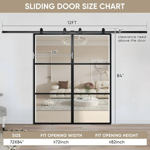 Double Barn Door Set 72 By 84 Inches With 12 Ft Hardware Kit And Soft Close Clear Tempered Glass Panels 36x84 In Each