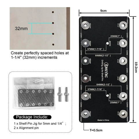 Aluminum Shelf Pin Drilling Jig For One Quarter Inch And Five Millimeter Holes with package contents and measurements.