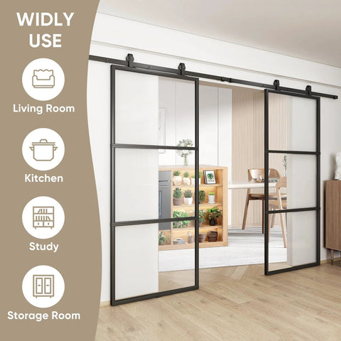 Double Barn Door Set 72 By 84 Inches With 12 Ft Hardware Kit And Soft Close Clear Tempered Glass Panels 36x84 In Each Carbon Steel Frame Sliding Door System For Easy No Fuss Assembly installed in living area.