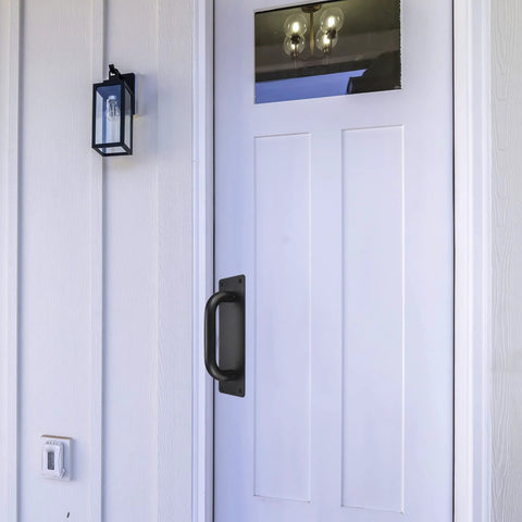 Beefy Heavy Duty Sliding Door Pulls And Push Plate Handles installed on white barn door, black alloy steel, 199x65mm fit