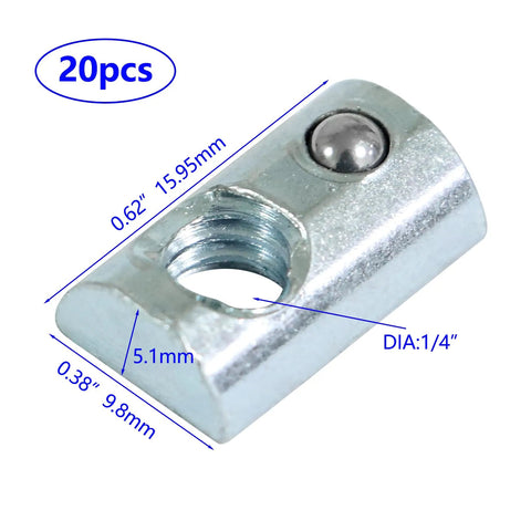 Built Tough 1/4-20 Threaded Steel Roll In T Nut With Ball Spring For T Slot Rails And 10 Series Aluminum Extrusion Profiles