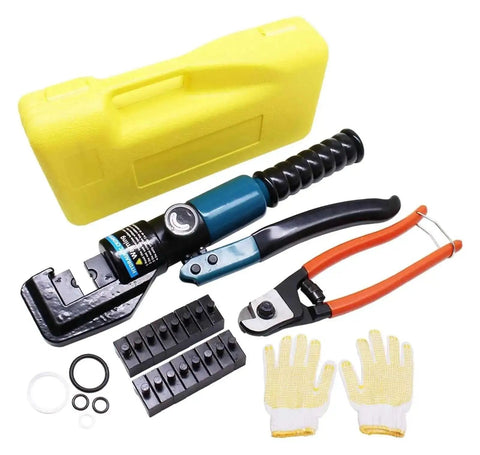 Beefy 10 Ton Hydraulic Crimping Tool With Eight Dies, wire cutter, gloves, and yellow case for DIY railings and cables