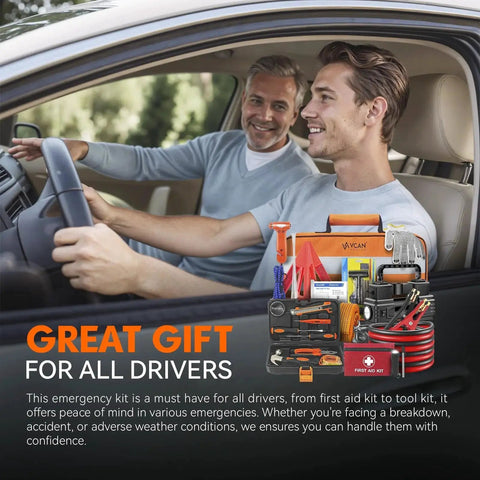 Drivers holding All In One Car Emergency Kit with Portable Air Compressor Jump Cables First Aid Kit And Roadside Safety Tools.