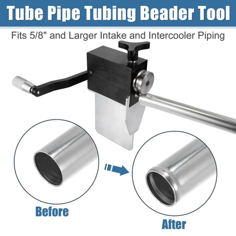 Bead Roller Tool Five Eighths Inch Tubing Beader For Intake And Intercooler Piping, shows before and after bead on metal pipe