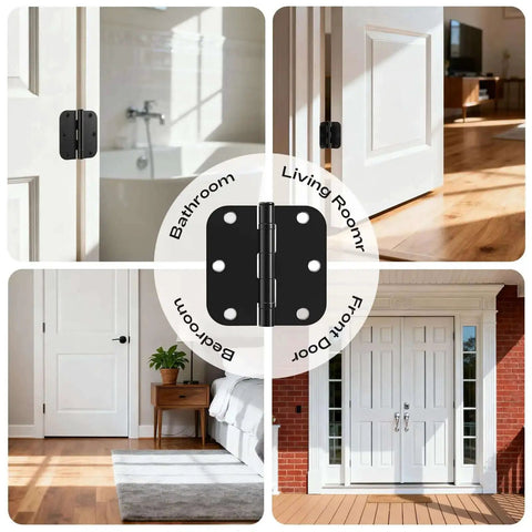 Matte Black 18 Pack Interior Door Hinges 3.5 Inch 5/8 Radius Round No Squeak Ball Bearing shown on various doors in a home