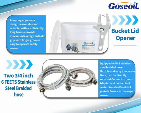 Universal Descaling Kit For Gas And Electric Tankless Water Heaters With 1/2 HP Submersible Pump showing bucket and braided hoses
