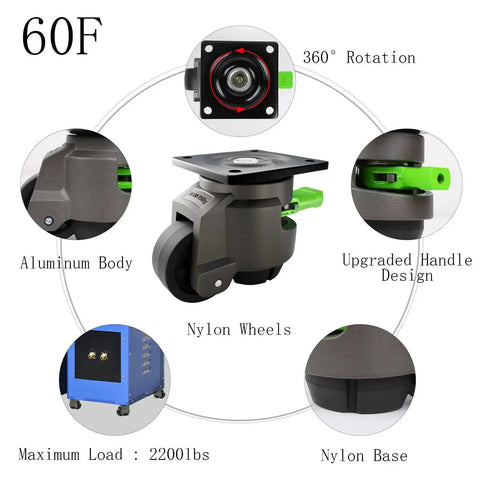 Infographic showing 4 Pack Leveling Casters Heavy Duty With Upgraded Ratchet 360 Degree Swivel featuring aluminum body and nylon wheels.