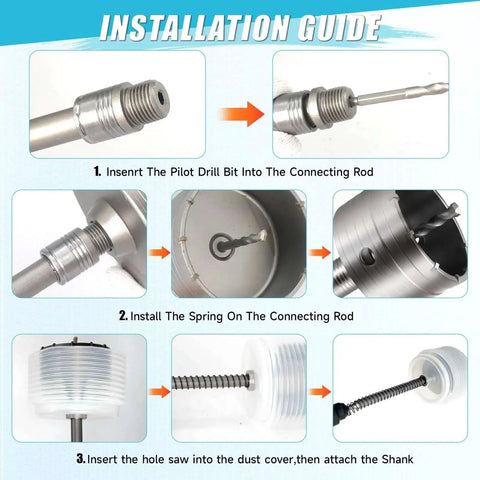 Installation guide for Concrete Hole Saw Kit With Dust Bowl And SDS Shanks 30mm 40mm 65mm 80mm 100mm 115mm Hole Saw Set.