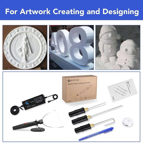 4 In 1 Foam Cutter Set With Digital Voltage Controller For Safe Precise Styrofoam Cutting And Craft Pen Tools GOCHANGE 100 To 240 Volt 18 Watt Electric Cutter Pen With Transformer Adapter For DIY Makers And Hobbyists, shown with various cutting tools and styrofoam artwork samples.