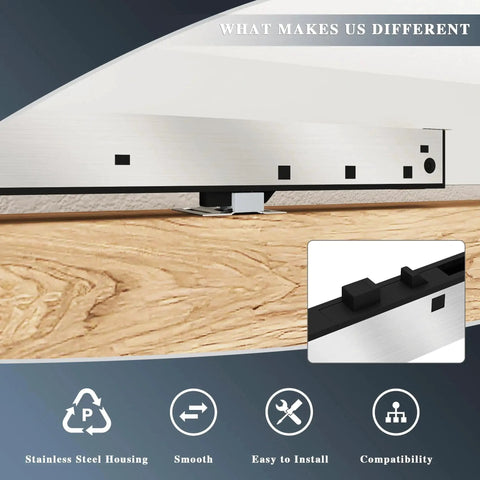 Close-up of Two Pack Stainless Steel Barn Door Soft Close Mechanism For Flat Track With Adjustable Weight Up To 160 Pounds Universal Compatibility Hole Free Installation Or Drilled Track Optional Effortless Smooth Opening And Closing Silver showing installation on wood surface.