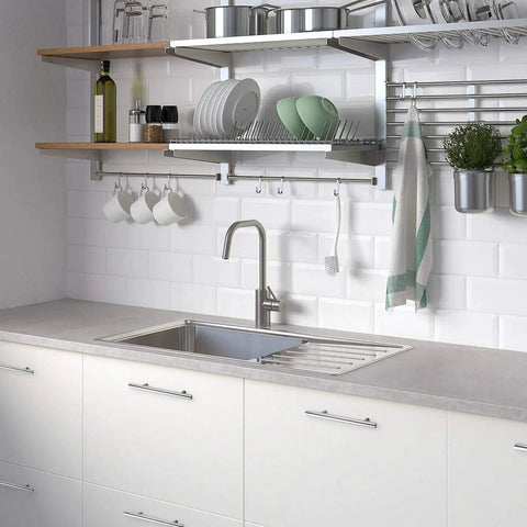 Modern kitchen with white cabinets featuring 30 Pack 6 Inch Brushed Nickel Stainless Steel Cabinet Pulls, with sink and open shelving.