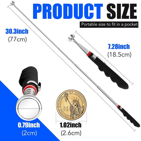 Two Pack Telescoping Magnetic Pickup Tools reach 7 to 30 inches with a 40 lb pull, showing size comparison with a coin