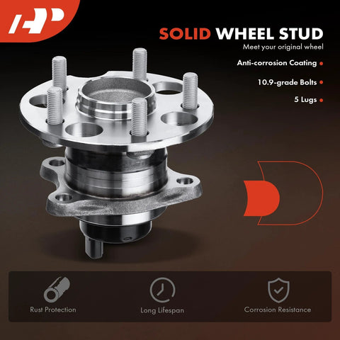 Front view of rear right wheel bearing hub assembly with ABS for Toyota Highlander 2004-2007 and Lexus RX330 2004-2006, FWD, 5 lug