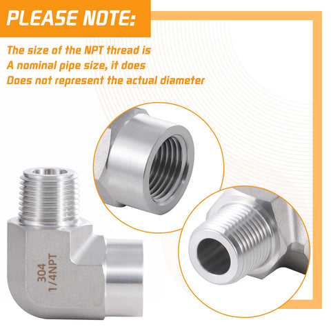 2-pack of 304 stainless steel 90-degree pipe elbows, 1/4 in NPT male x 1/4 in NPT female