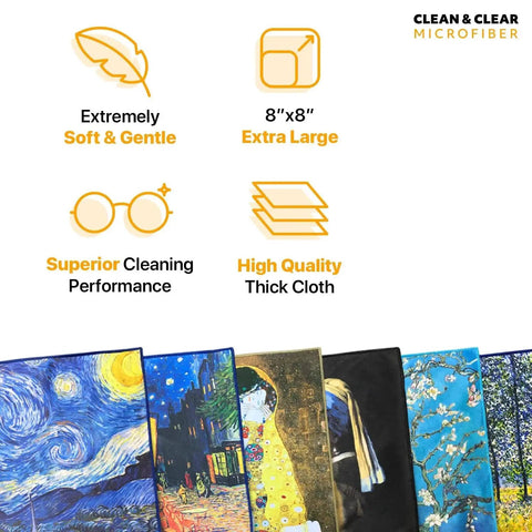 Premium Microfiber Cleaning Cloths 5 Pack for Lenses Glasses Screens 8x8 Inches with artistic prints and product features
