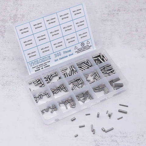 Built Tough 300 Piece Stainless Steel Dowel Pins Set M2 M3 M4 304 Grade kit with assorted sizes in open box