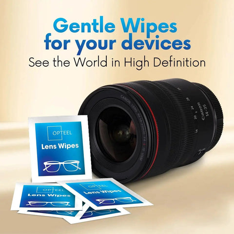 Pre Moistened Lens Wipes For Eyeglasses And Camera Lenses Streak Free 600 Pack shown with camera lens and individual packets