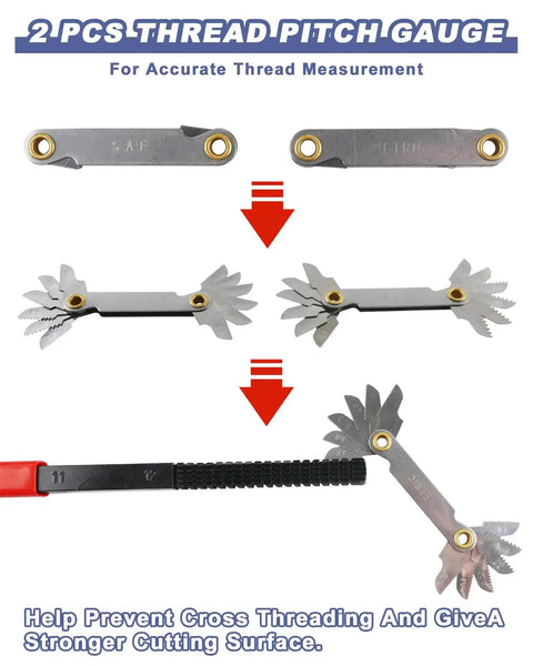 2-piece thread pitch gauge from 61 Piece All In One Pro Grade Thread Repair Kit with unfolded blades for thread measurement.