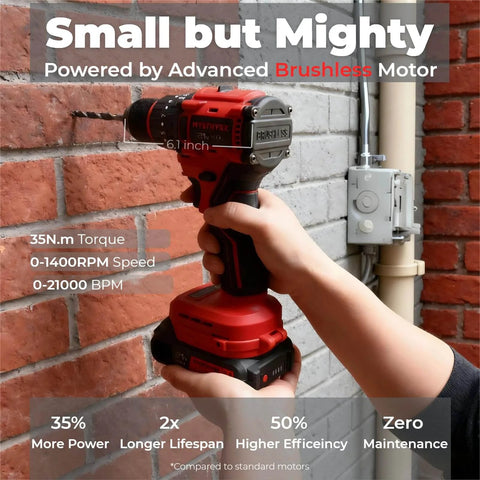 21V Max Brushless Cordless Hammer Drill Driver Kit With Two 2.0Ah Batteries, Charger in use against brick wall
