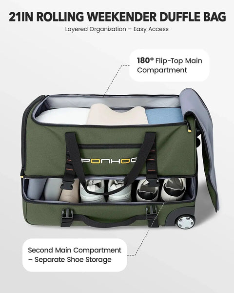 Rolling Duffle Bag With Wheels 21 Inch Travel Duffel With Shoe Compartment Water Resistant Wheeled Luggage open showing compartments.