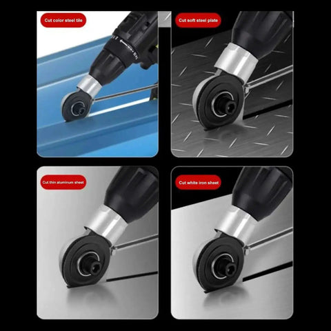 Power Drill Plate Shears Attachment for easy sheet cutting, no spark burr-free 40mm Ti steel disc with wrench in action on metal sheet