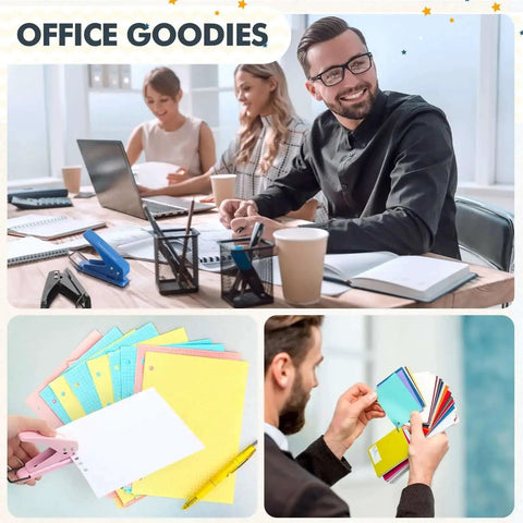 Office staff with laptops and paper, six color single hole puncher pack in one quarter inch metal handheld tool for tags and crafts