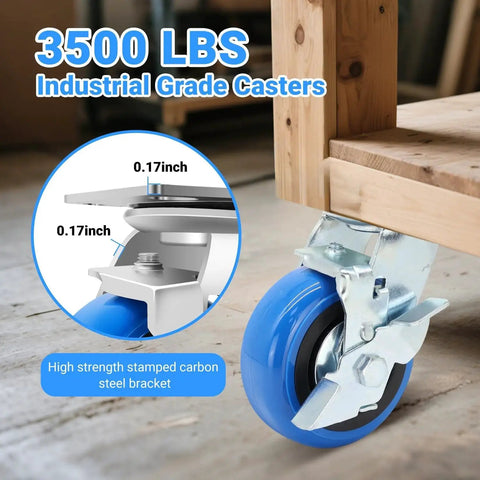 5 Inch Heavy Duty Caster Set Of Four With 3500 Lbs Industrial Grade Capacity And Upgraded Thickened Bracket Smooth Rolling Wheels For Cart Bases Two Brakes And Two Rigid Castors Ideal For Warehouses Workshops And Industrial Use showing a side view of blue and silver caster installed on wood