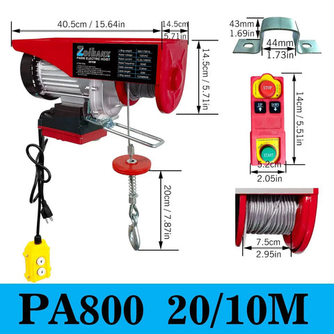Front view of 1760 Lb 110V Electric Hoist With Remote 2 In 1 Wired And Wireless Lift Winch, red casing, remote control, cable hook.