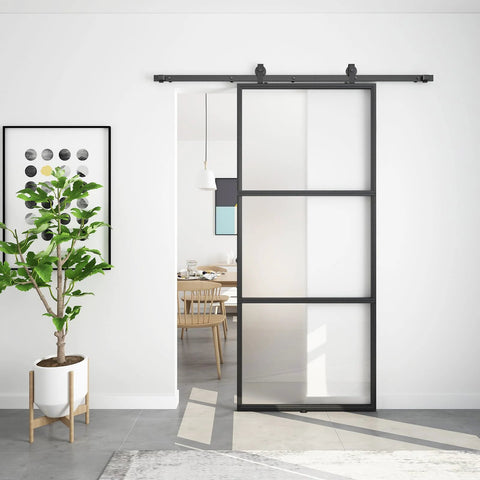 34x84 Inch Frosted Glass Barn Door With Black Carbon Steel Frame Top Mounted Hardware Kit No Fuss Soft Close Tempered Glass Sliding Door For Privacy Easy Assembly For Bathroom Laundry Kitchen Or Living Room