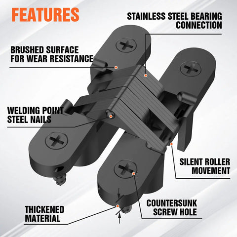 Image of Hidden Door Hinge Set Concealed 180 Degree Cabinet Hinges with stainless steel connection and zinc alloy construction.