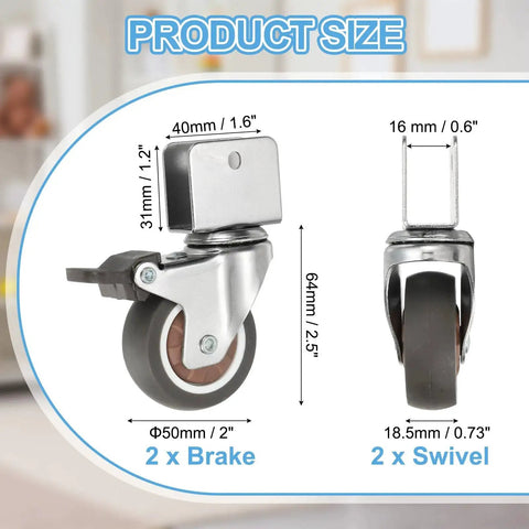 Diagram of 2 Inch Caster Wheels 4 Pack With 2 Brakes And 2 Swivel Casters For Furniture Office Chairs Carts And Cabinets 55 Lb Capacity Per Caster