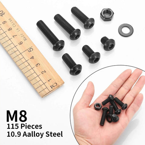 115 Piece M8 Screws And Nuts Assortment Kit with hex socket button head cap screws, carbon steel, shown with ruler and hand.