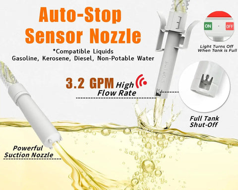 Auto Stop Fuel Transfer Pump 3.2 GPM Gas Can Pump With 51in Hose No Spill showing sensor nozzle and shut-off feature.
