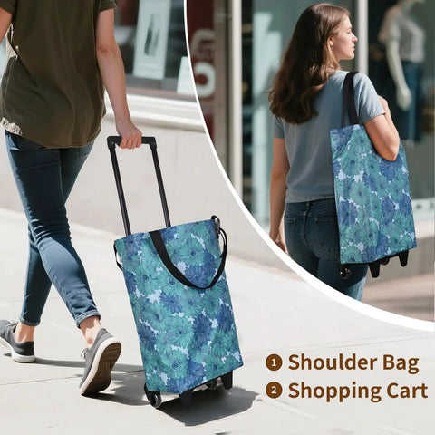 Woman using collapsible shopping cart with wheels expandable portable waterproof tote for market and grocery runs