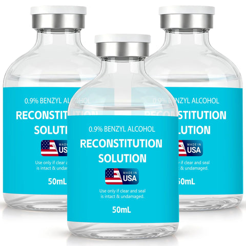 3-pack of 50 mL clear glass vials with blue Reconstitution Solution label, Made in USA.