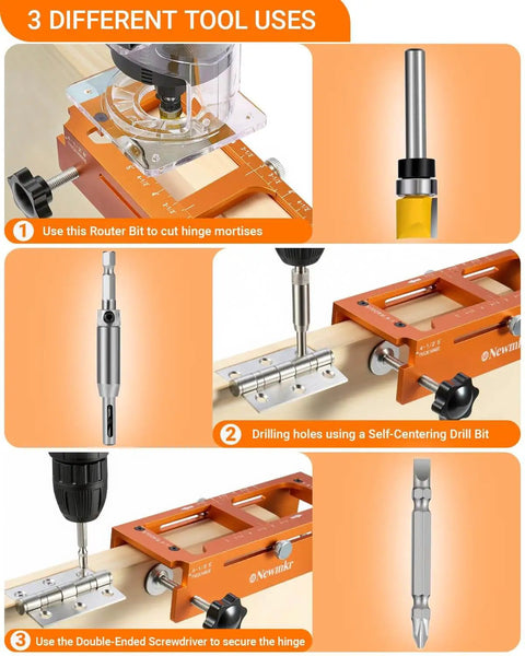 Door Hinge Jig Router Template For Universal One Quarter Inch And Five Eighth Inch Radius Hinges Aluminum Alloy Hinge Mortiser Fits Doors From Two And A Half To Five Inches Square Corner Plug And Play Ready DIY Hinge Cut And Install Tool shown with router, drill, and screwdriver for hinge installation.