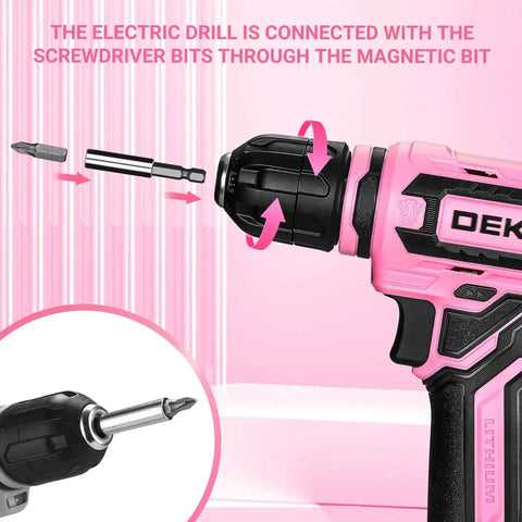 12V Cordless Drill Kit With Pink Design And LED Light 800 RPM Power Drill Set with multi tool gift box shown in detail with screwdriver bit attachment