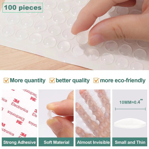 100 Pieces Clear Self Adhesive Cabinet Door Bumpers 0.4 Inch Diameter Rubber Dots displayed with hand and adhesive details