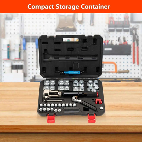 All-in-One Hydraulic Brake Line Flaring Tool Kit for 3/16 to 1/2 Inch Copper and Steel Tubing in open compact storage case