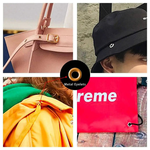 Grommet Kit 3 Sixteenth Inch 400Pcs Eyelet Set used in bags, hats, clothing and crafts, highlighting metal eyelets in various materials.