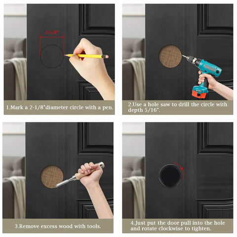 Step-by-step installation guide for 4 Pack Closet Door Finger Pulls 2 1 8 Inch Black Round Insert Door Handle for Sliding Barn Doors.