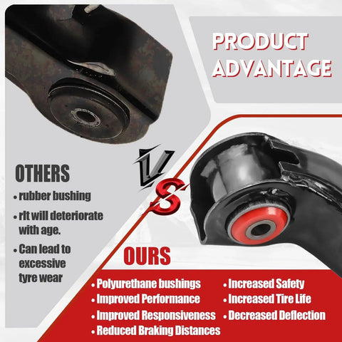 Comparison of rubber bushing vs polyurethane bushing in 12Pc Front End Suspension Kit With Upper And Lower Control Arms And Polyurethane Bushings For 1999 2006 Chevy Silverado 1500 And GMC Sierra 1500 RWD Upgrade To A Firmer, Smoother Ride