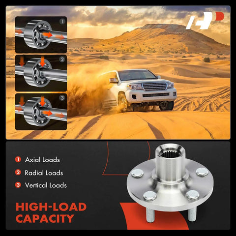 Vehicle off-road with high-load capacity wheel hub illustrating axial, radial, vertical loads.