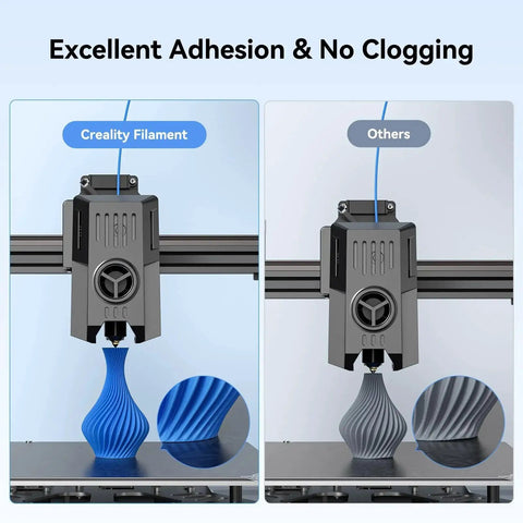 Side-by-side 3D printer comparison with Creality filament on left, others on right, demonstrating adhesion and clogging differences.