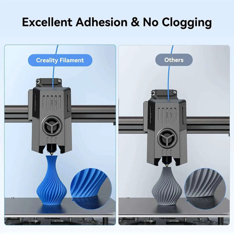Comparison of 1.75mm PLA Filament Bundle 2kg for 3D printing with another brand, showing excellent adhesion and no clogging.