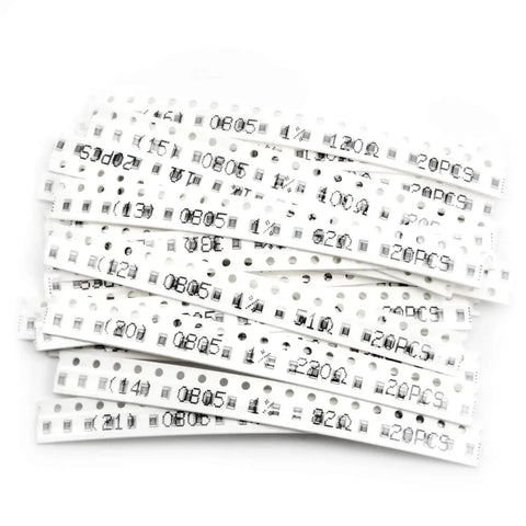 Front view of white 0805 SMD resistor tape strips; several strips with 0805 markings.