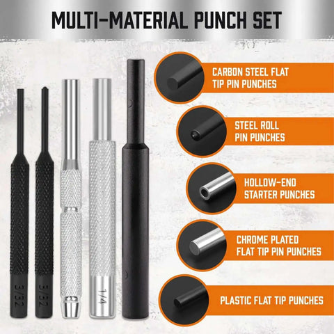 Multi-material punch set including carbon steel flat tip punches and steel roll pin punches, part of the 22-Piece Punch and Hammer Set With Interchangeable Hammer Heads.